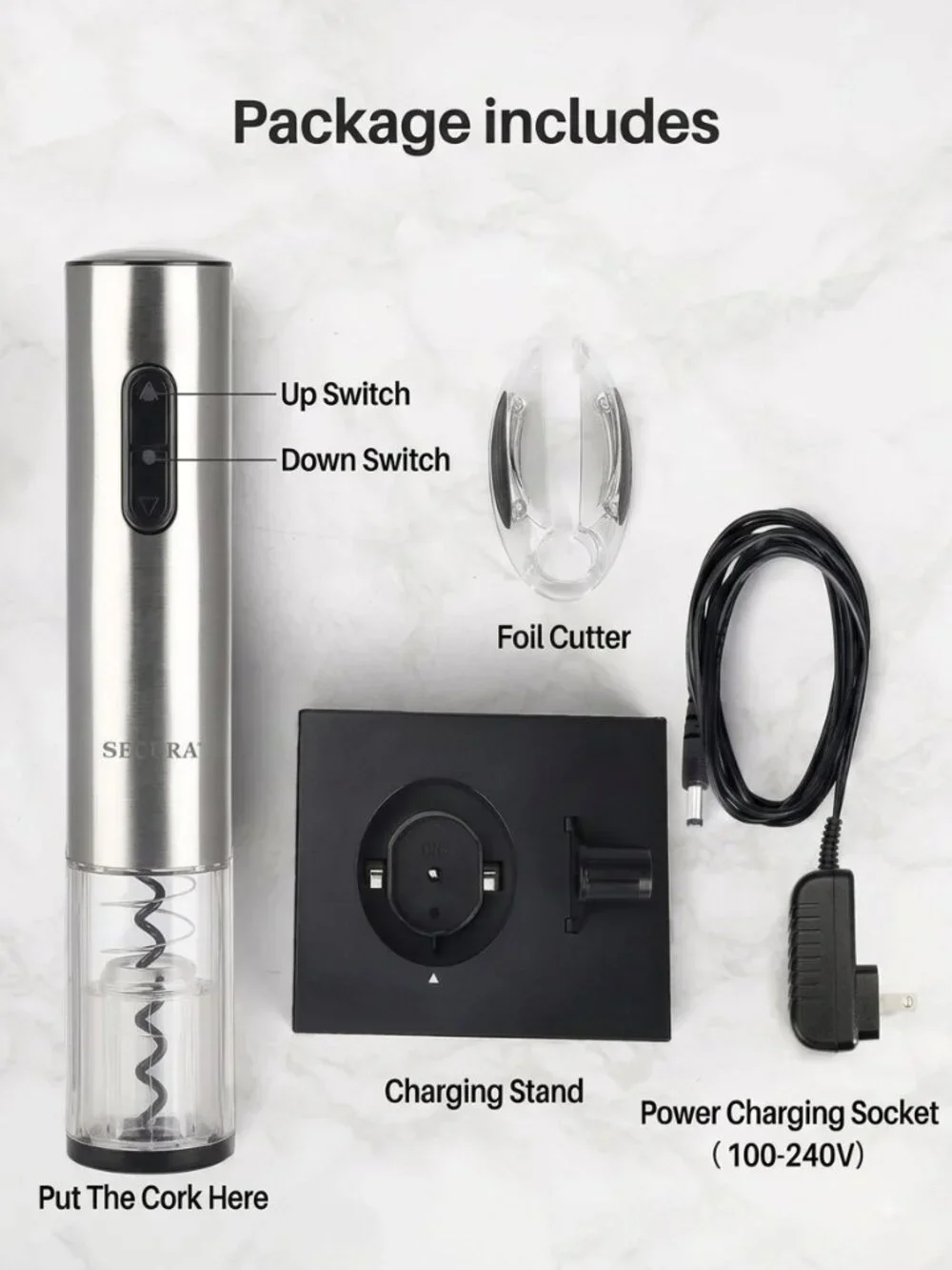 NWOT | Secura Stainless Steel Rechargeable Electric Wine Opener + Blue LED Light
